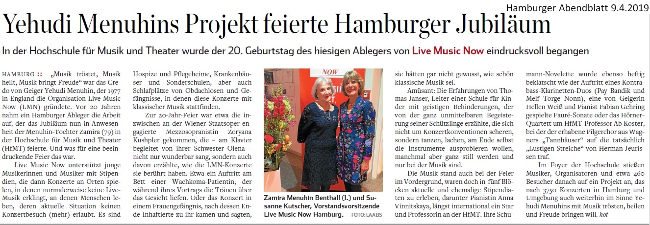 Presseartikel: Yehudi Menuhins Projekt feierte Hamburger Jubiläum