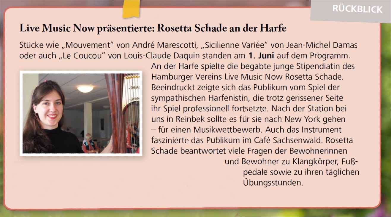 Presseartikel: Live Music Now präsentierte Rosetta Schade an der Harfe
