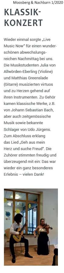 Presseartikel: Klassik-Konzert, Moosberg & Nachbarn 1/2020